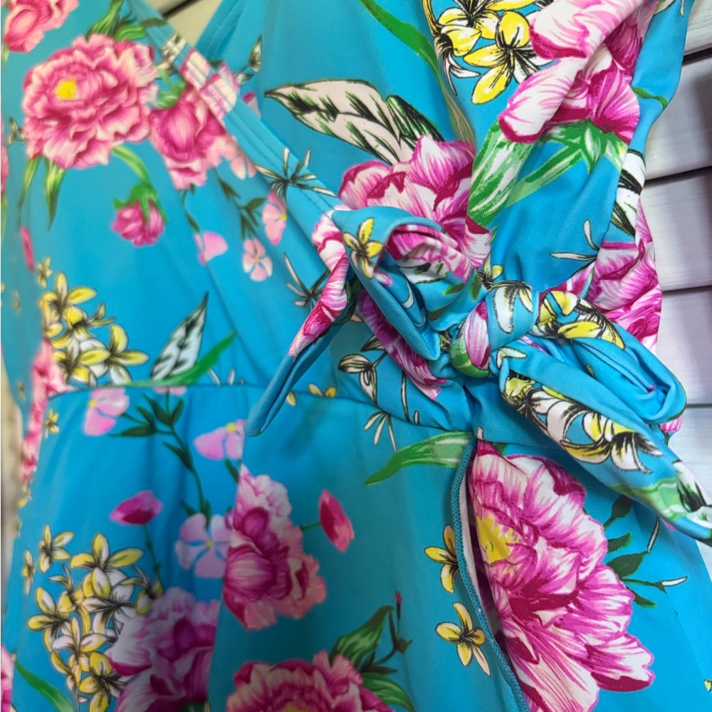 Betsey Johnson Pink Floral Blue Swimsuit - Picture 3 of 7